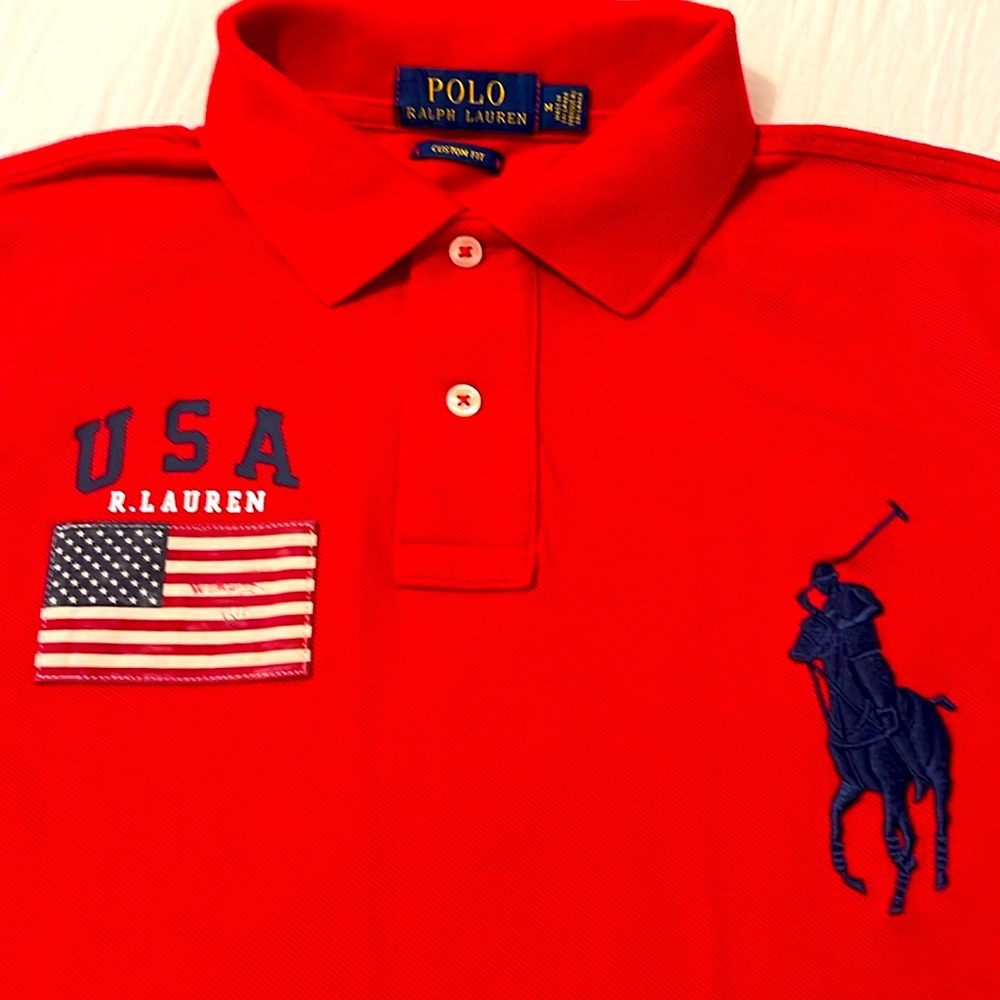 *POLO* Ralph Lauren Shirt Big Pony USA Flag Patch Collared Shirt
